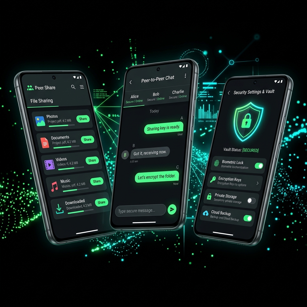 BitShare app screens showing file sharing, mesh chat, and vault features