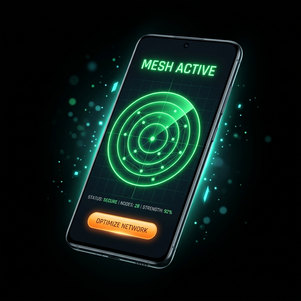 BitShare app dashboard showing mesh radar with connected nodes