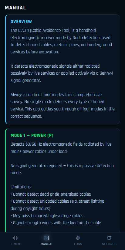 The built-in manual explaining how each CAT4 mode is used.