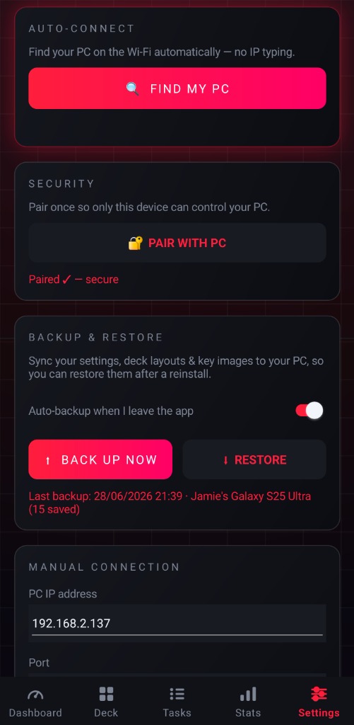 Settings - Backup and restore configuration