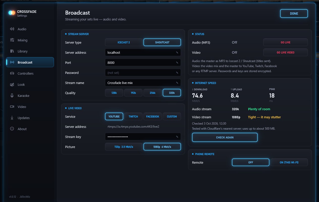 Settings, Broadcast: stream server, live video service and the internet speed check result.