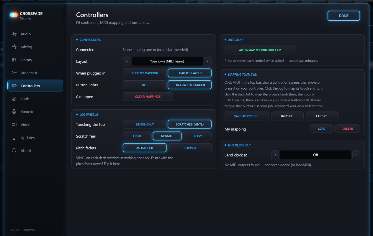 Settings, Controllers: MIDI devices, layouts and AUTO-MAP.