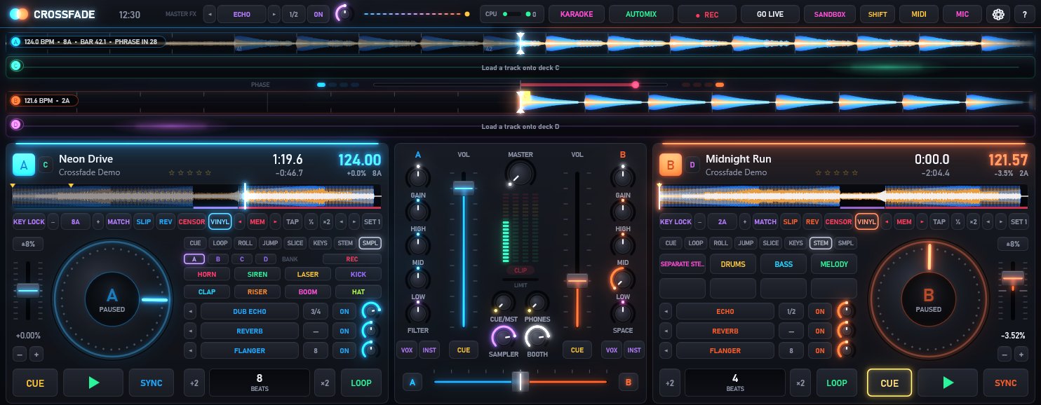 CROSSFADE's main screen: two decks with scrolling waveforms, platters and performance pads either side of a mixer with EQs, filters and a crossfader.