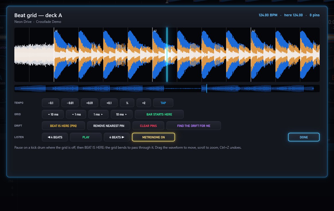 The beat grid editor: a zoomed waveform with beat lines, tempo nudges and drift pins.
