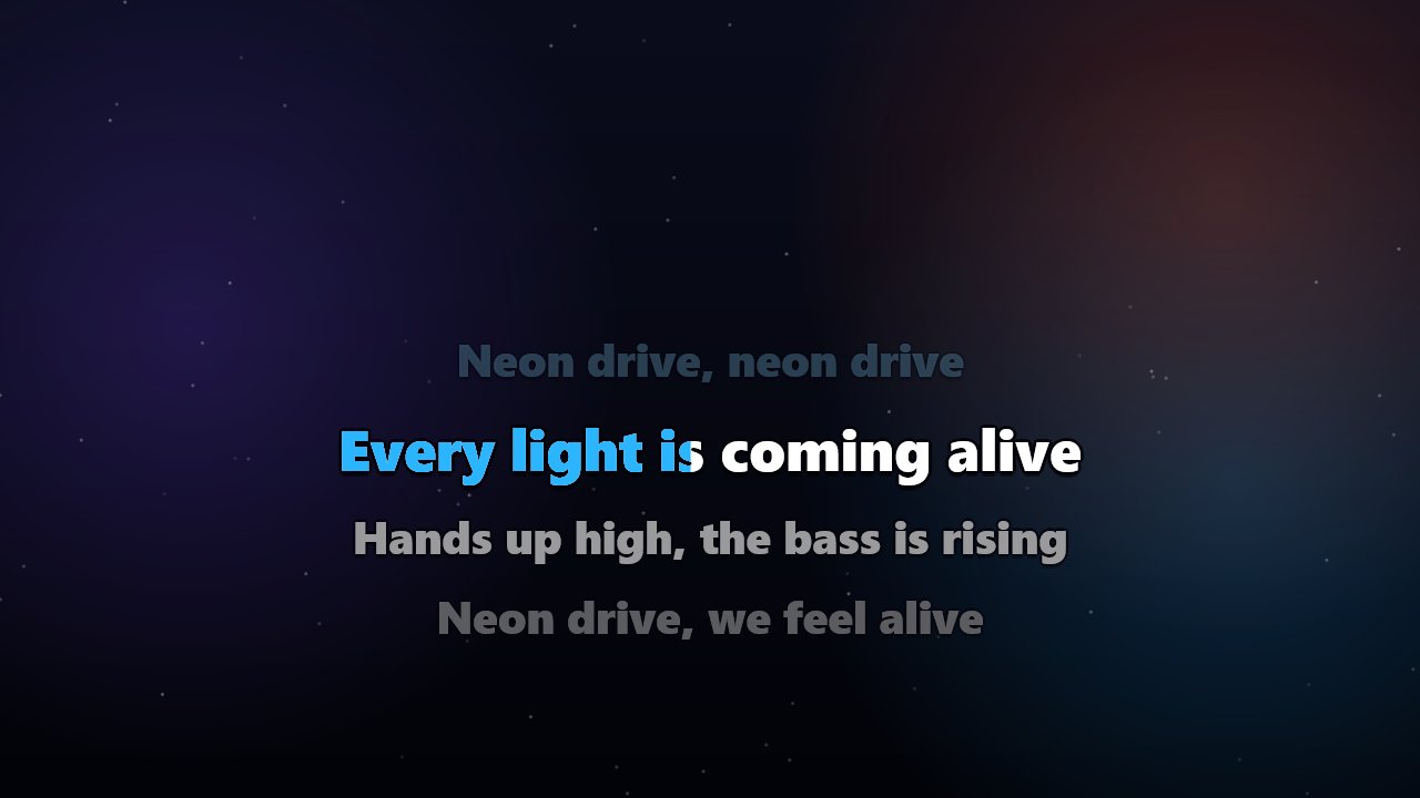 The karaoke screen with the current line lighting up word by word in blue.
