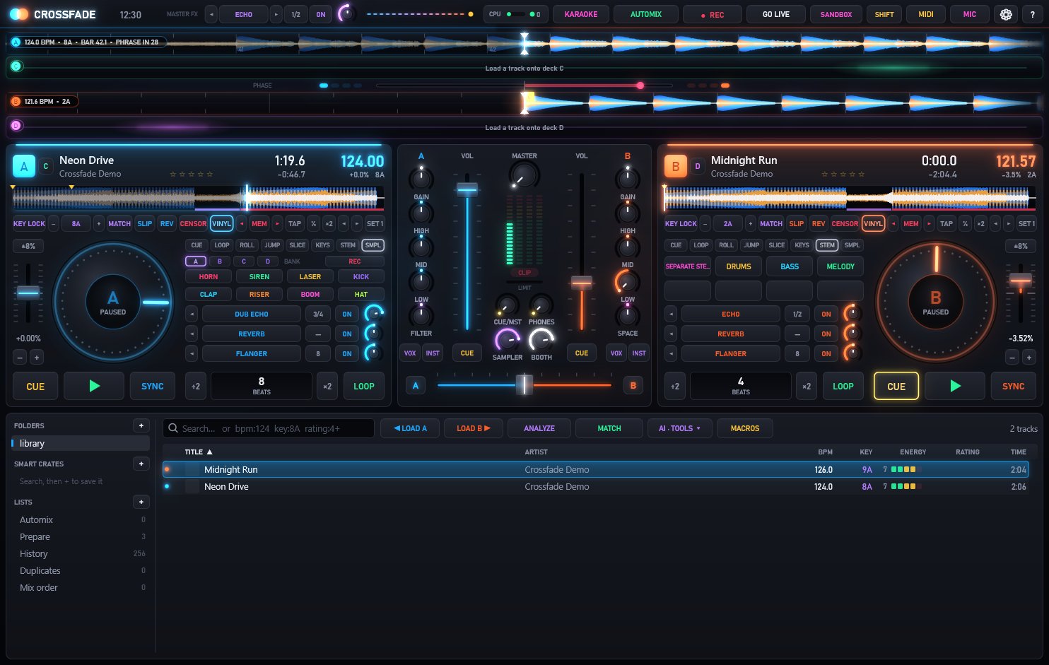 The main screen with deck B's pads switched to stems: DRUMS, BASS and MELODY.