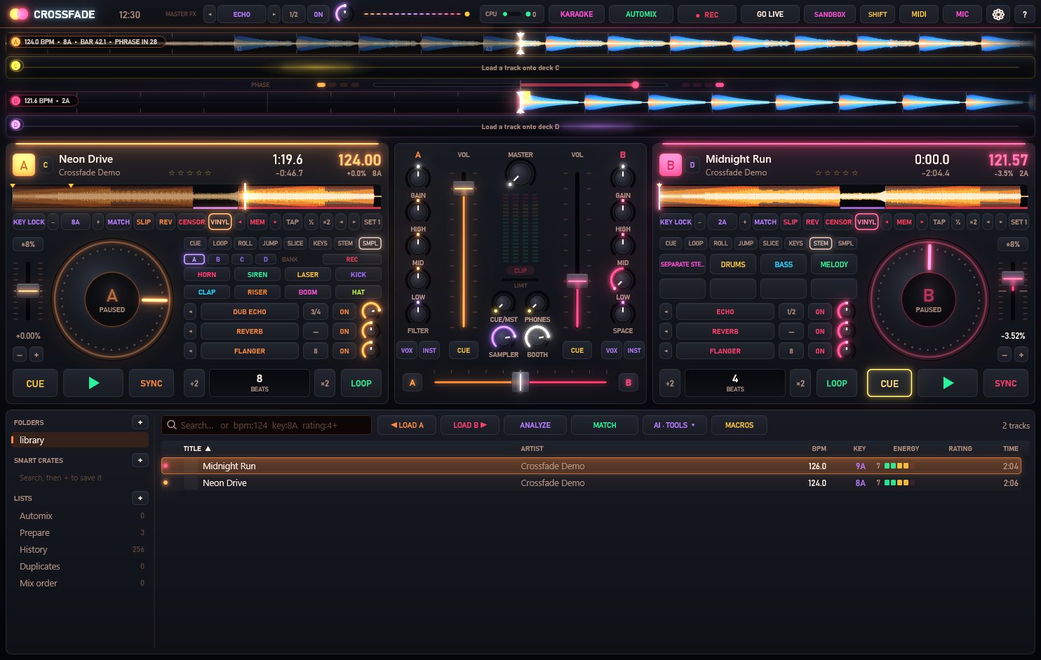 CROSSFADE in the Ember skin, showing the sampler bank, effect slots and beat-synced FX knobs.