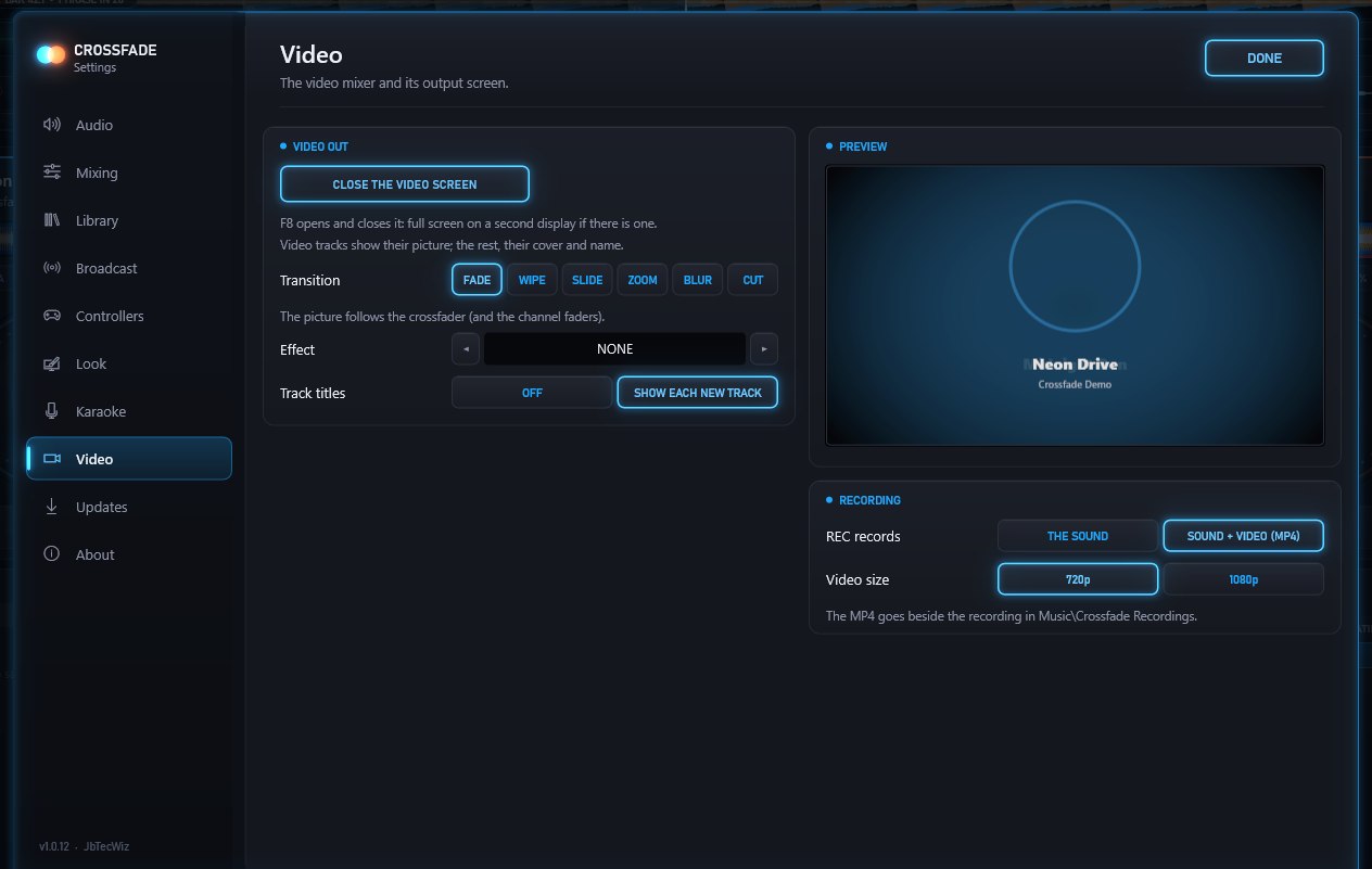Settings, Video: transitions, effects and the projector visualiser.