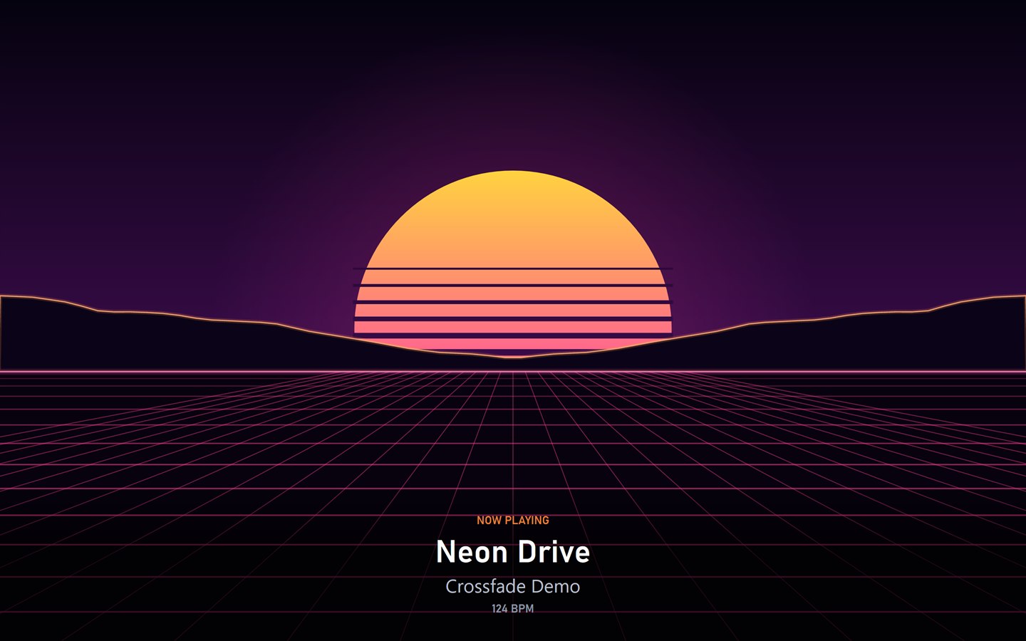 The SYNTHWAVE visualiser: a striped neon sun setting over a grid that races to the horizon.