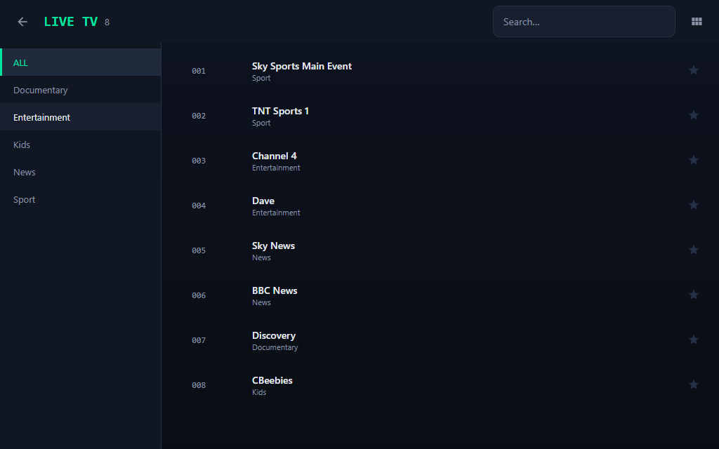The three-pane browser: categories on the left, numbered channels with logos on the right.