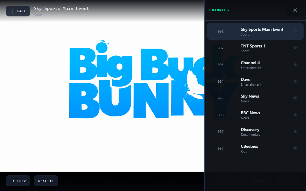 Full-screen playback with the in-player channel drawer open for zapping.