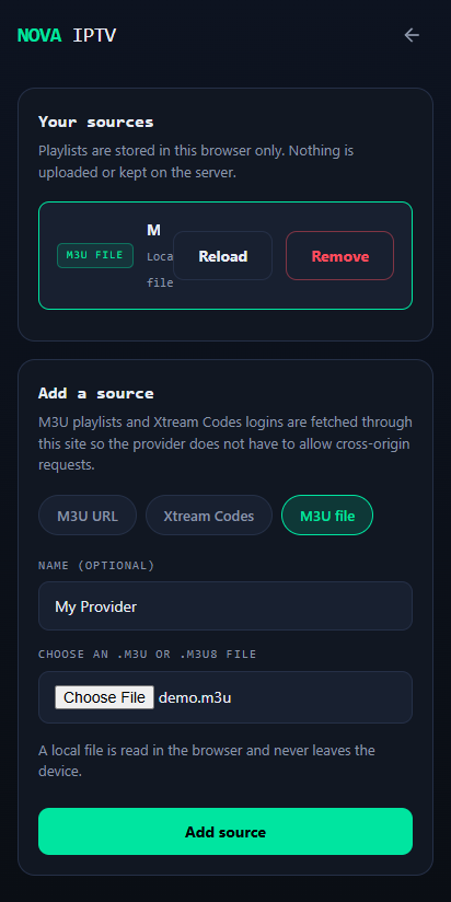 The sources screen, adding an M3U URL, an Xtream Codes login or a local file.